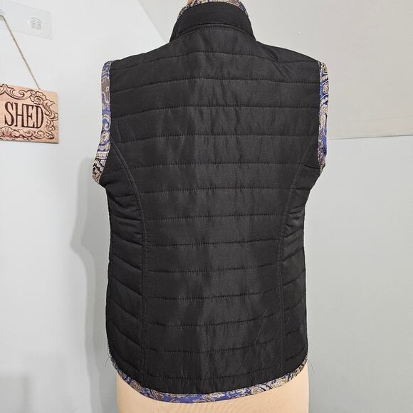 Chico's Reversible Quilted Vest Snap Front Sleeveless Blue Jacquard Black Jacket - Picture 12 of 15